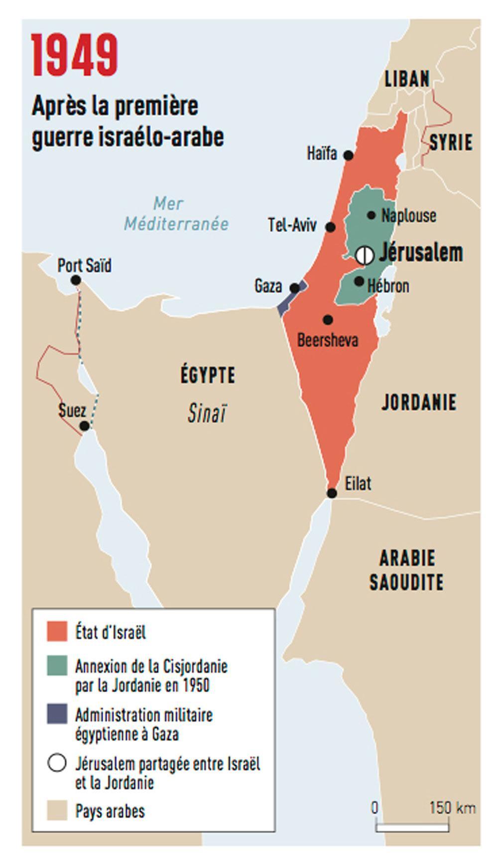 Déclenchée le 15 mai 1948, l'offensive conjointe de l'Egypte, l'Irak, la Jordanie, le Liban et la Syrie oblige Israël à affronter, pour la première fois, des armées régulières, et non plus des civils ou des milices. Un cessez-lefeu définitif avec l'Egypte est signé le 5 janvier 1949 et, trois mois plus tard, les deux pays concluent un accord d'armistice. A l'issue de cette guerre, Israël a gagné un tiers de territoire en plus par rapport à la résolution de l'ONU. Quant à Jérusalem, elle se trouve partagée entre Israël et la Jordanie.