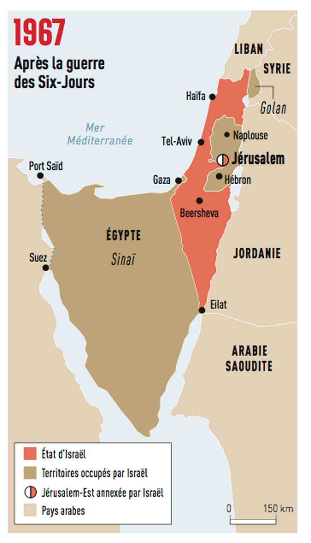 Du lundi 5 juin, 7 heures du matin, au samedi 10 juin : 132 heures auront suffi à Israël pour briser les armées égyptienne, jordanienne et syrienne. Sinaï, bande de Gaza, Cisjordanie, plateau du Golan et Jérusalem-Est passent sous contrôle de l'Etat hébreu, qui a triplé sa superficie. Le 22 novembre 1967, l'ONU adopte la résolution 242 qui exige, notamment, le retrait des forces israéliennes des territoires occupés en juin 1967 et le 