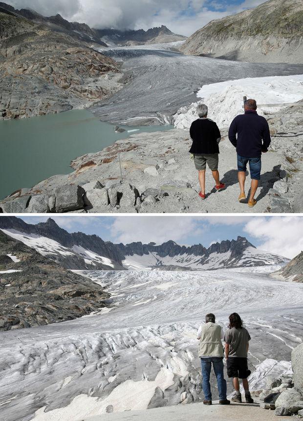 Le glacier du Rhône, dans le canton du Valais en Suisse. Au-dessus: le 13 septembre 2018; en-dessous: le 5 juillet 2008.