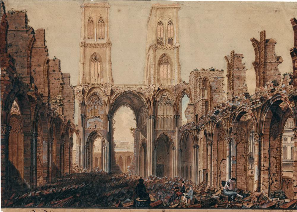 Les ruines de la cathédrale Saint-Lambert, gouache sur papier de Jean Deneumoulin, 1802.