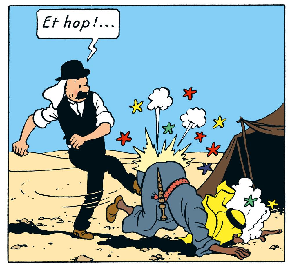 Dans Au pays de l'or noir, l'un des Dupondt botte les fesses d'un Arabe en prière. Hergé ne se moque pas de l'islam, mais stigmatise le comportement du détective.