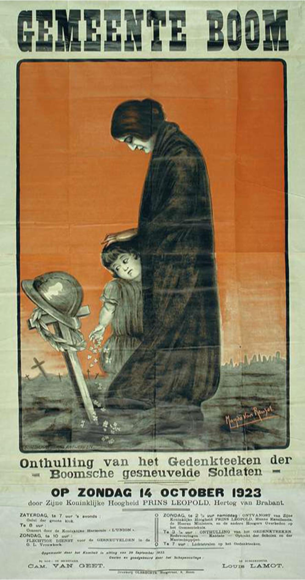 La veuve et l'orphelin sur la tombe du combattant. Affiche d'une cérémonie d'hommage, Boom, 1923.