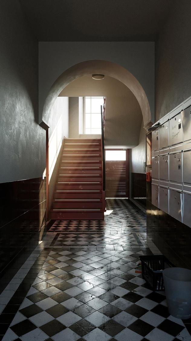 Julius Hahmann maakt als 3D-artiest een fotorealistische rendering van de inkomhal van zijn appartement in Berlijn. Inclusief afbladderende verf.