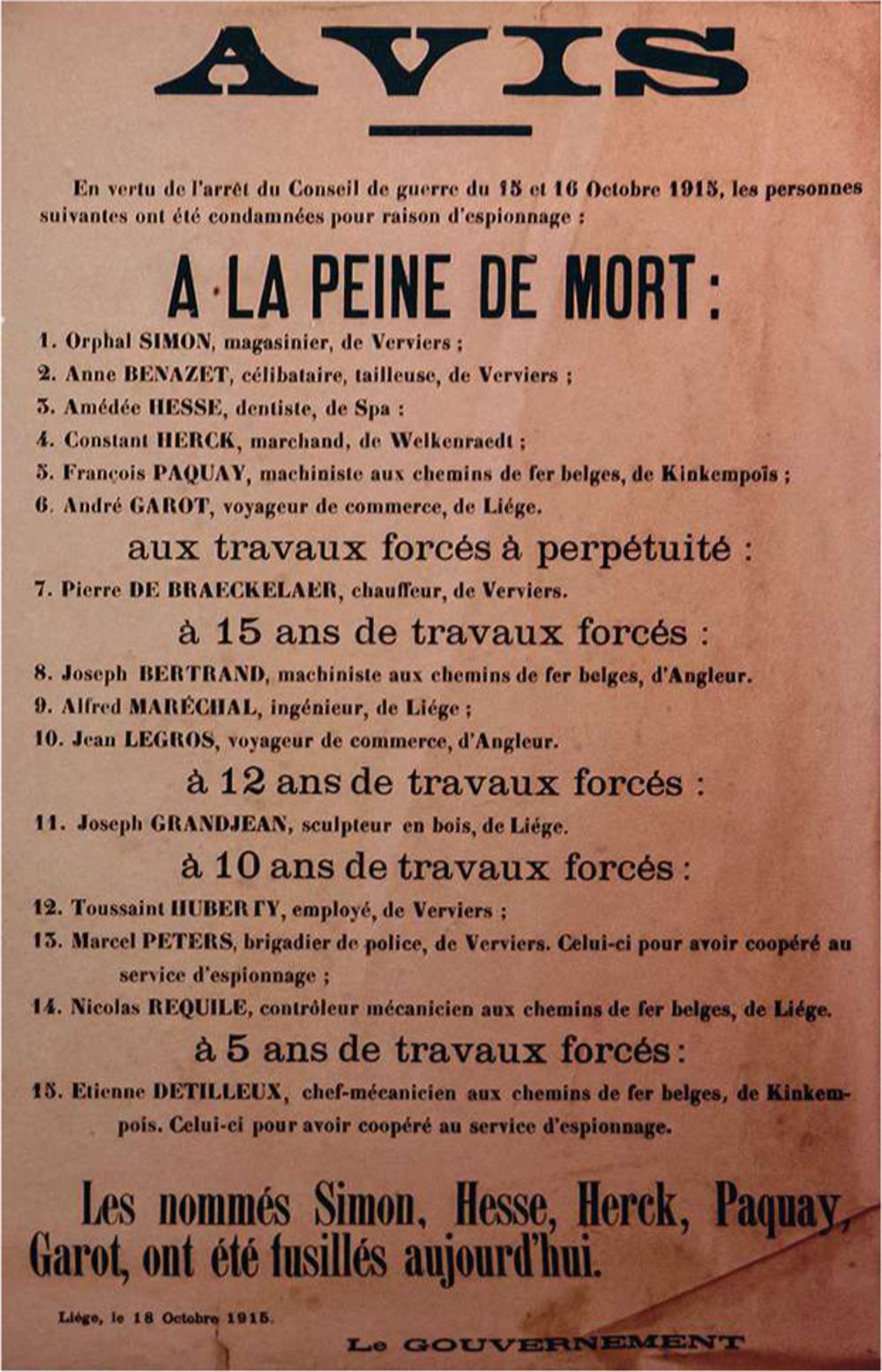 Un avis du gouvernement belge en 1915 relatif aux personnes condamnées pour espionnage.