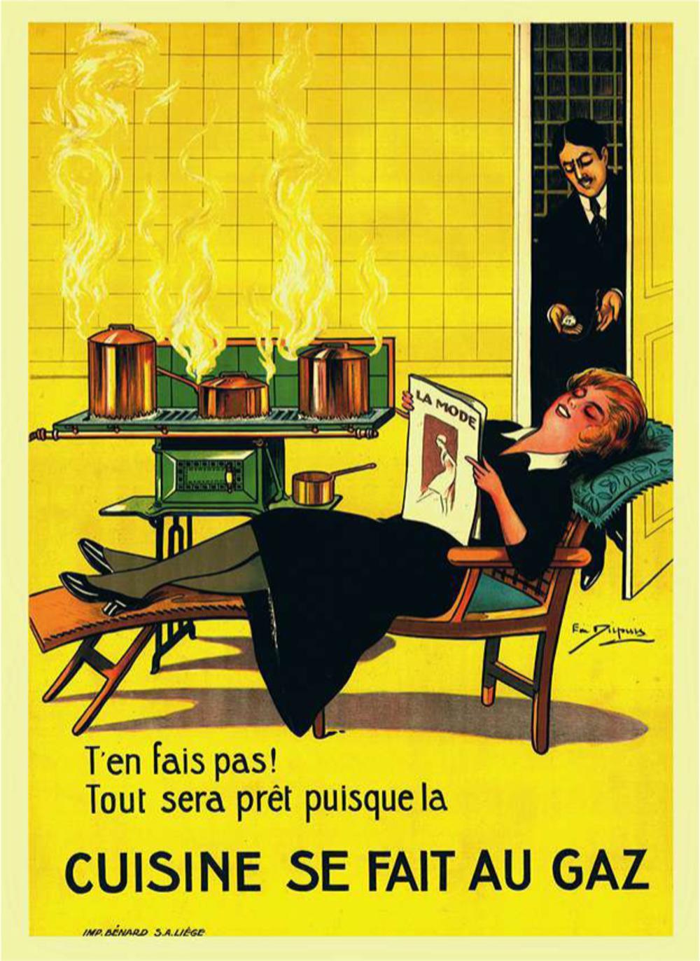 Affiche publicitaire pour les cuisinières au gaz, éditée dans l'entre-deux-guerres.