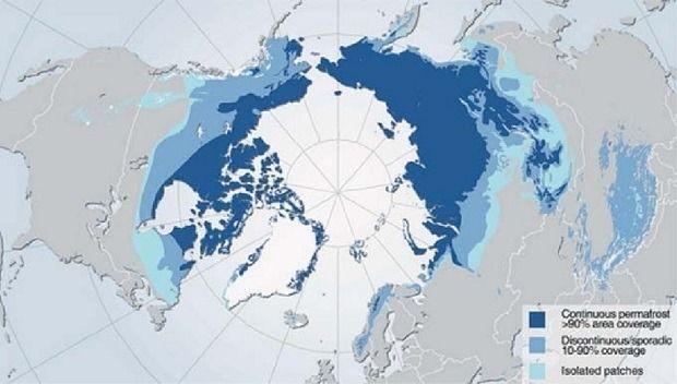 La répartition du permafrost près du cercle arctique.