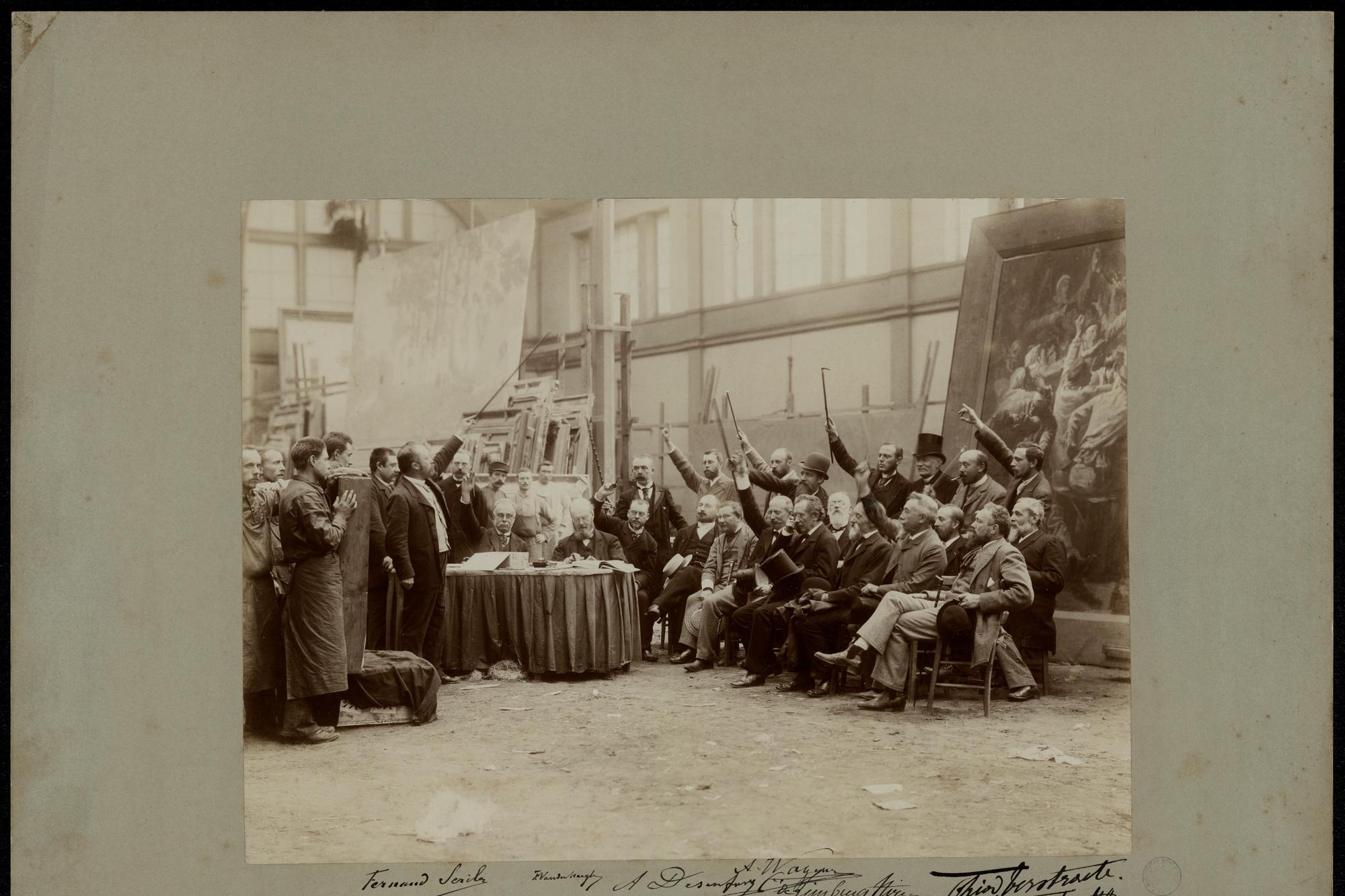 Fernand Scribe en Ferdinand Vander Haeghen, Portrait de groupe - De Aanvaardingscommissie van een driejaarlijkes salon, 1892, photographie.