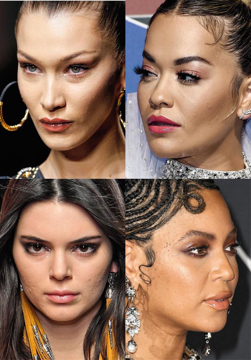 Make-up artist Marika d'Auteuil onthult de imperfecte gezichten van celebrity's op Instagram (@lapetitevengeance). Met de klok mee: Bella Hadid, Rita Ora, Beyoncé en Kendall Jenner.