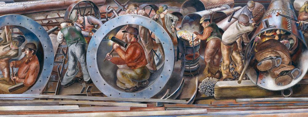 La construction des paquebots mobilisait des forces de travail considérables. Cette fresque de Stanley Spencer, commanditée par le gouvernement britannique, en témoigne.