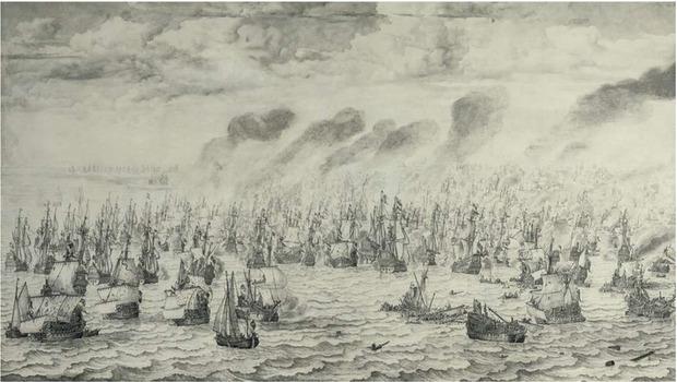 La bataille de Ter Heijde (Scheveningen) au cours de la première guerre navale anglo-néerlandaise (1652-1654).