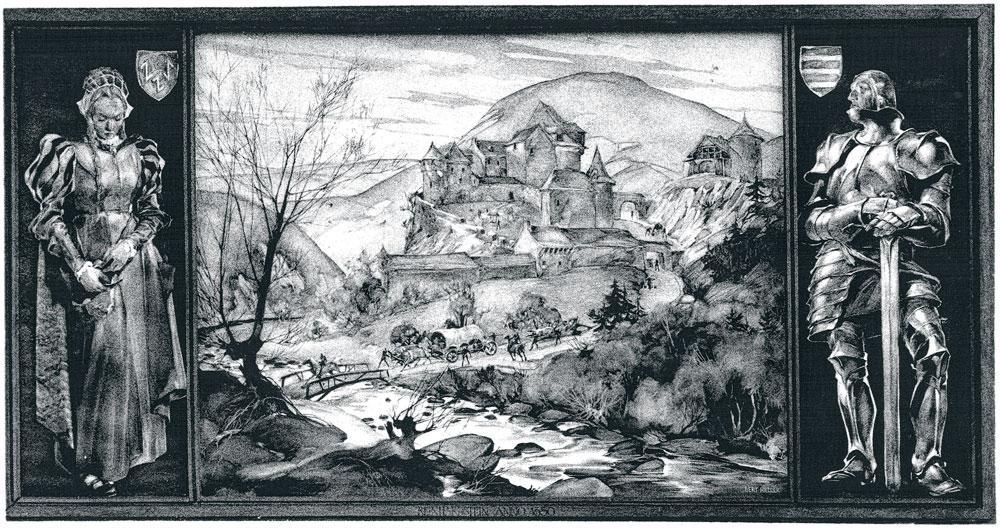 Le château de Reinhardstein, dépeint par Bert Heller, d'après une gravure datant du Moyen Age.
