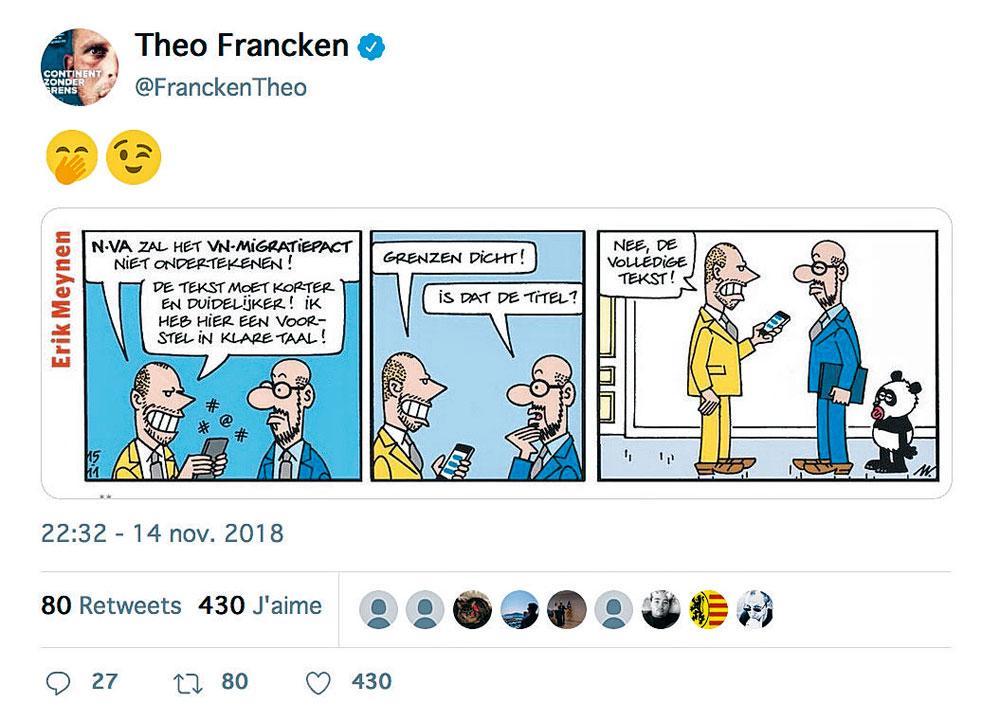 La caricature tweetée par Theo Francken le 14 novembre, qui irrite le MR : elle conforte l'image d'un Charles Michel aux ordres de la N-VA. Case 1 : - 