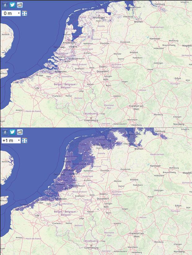 Impact de la hausse du niveau de la mer sur la Belgique. Comparaison entre 0m et +1m.