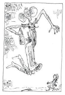 La première version du Bon Gros Géant avec son grand tablier, dessinée par Quentin Blake (inédit).