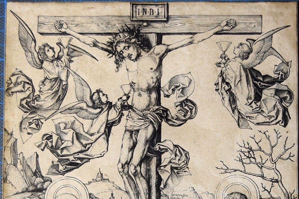 Kruisiging met vier engelen, Martin Schongauer, ca. 1480/1485.