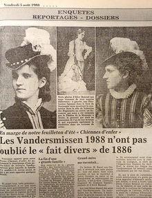En 1988, Le Soir revient sur l'affaire du député Vandersmissen et publie trois photos de la comédienne Alice Renaud, victime des coups de feu de son mari.