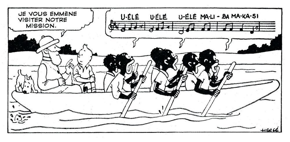 Le chant des pagayeurs de l'Uele (nord-est du Congo) était en vogue chez les scouts à l'époque où Hergé en faisait partie. Cette case dessinée en 1940 sera remplacée par une autre, très différente, dans l'album en couleur de 1946.