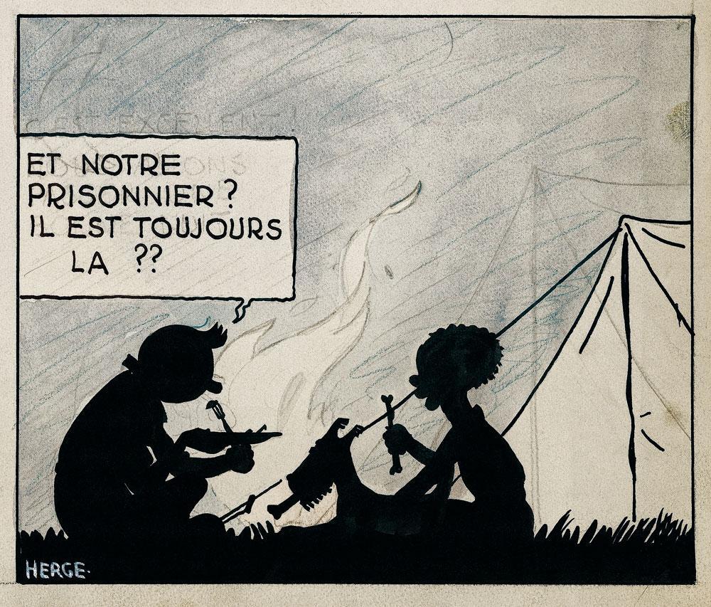 La tente dressée, Tintin partage son repas avec son boy Coco, signe que le reporter n'est pas devenu un 