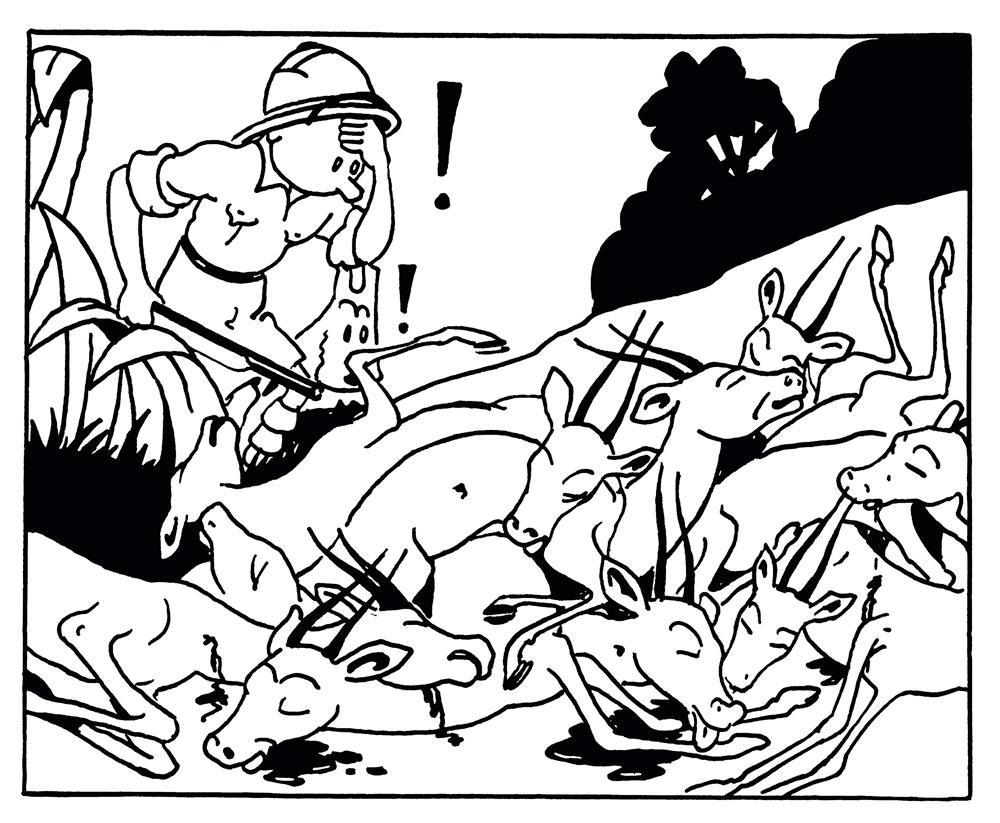 En 1930, le sang des antilopes massacrées par Tintin s'est répandu sur le sol. En 1940, Hergé l'a effacé, donnant l'impression d'un carnage accompli proprement.
