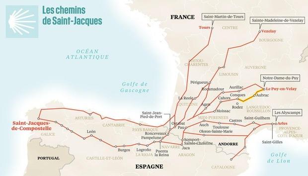 En jaune, le tracé des premières étapes, entre Le Puy-en-Velay (Auvergne) et Conques (Aveyron), sur la Via Podiensis, la plus connue des voies jacquaires françaises.