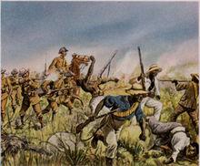 Les Troupes allemandes combattant les Héréros (1904), peinture propagandiste de Richard Knötel (1857-1914), reproduite dans un ouvrage de 1936