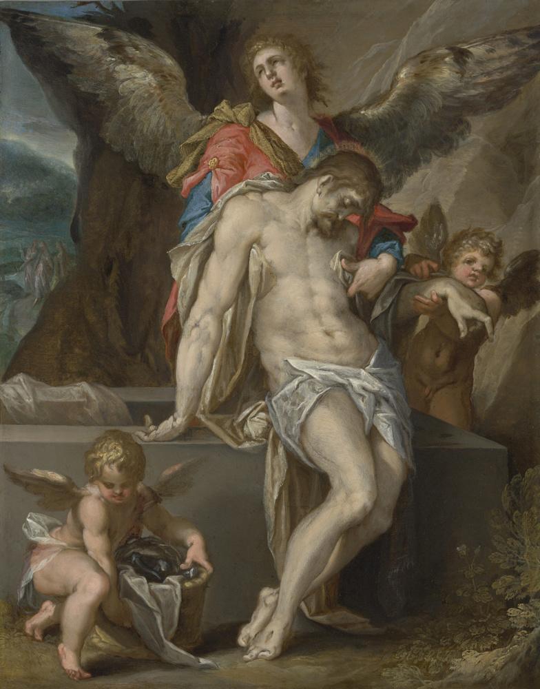 Bartholomeus Spranger (Antwerpen, 21 maart 1546 - Praag, voor 27 september 1611). Engelen dragen het lichaam van Christus (Engelenpietà), c. 1587 Olie op koper, 33,7 x 26,6 cm Schenking van B. P. Haboldt, ter nagedachtenis aan de slachtoffers van Covid-19.