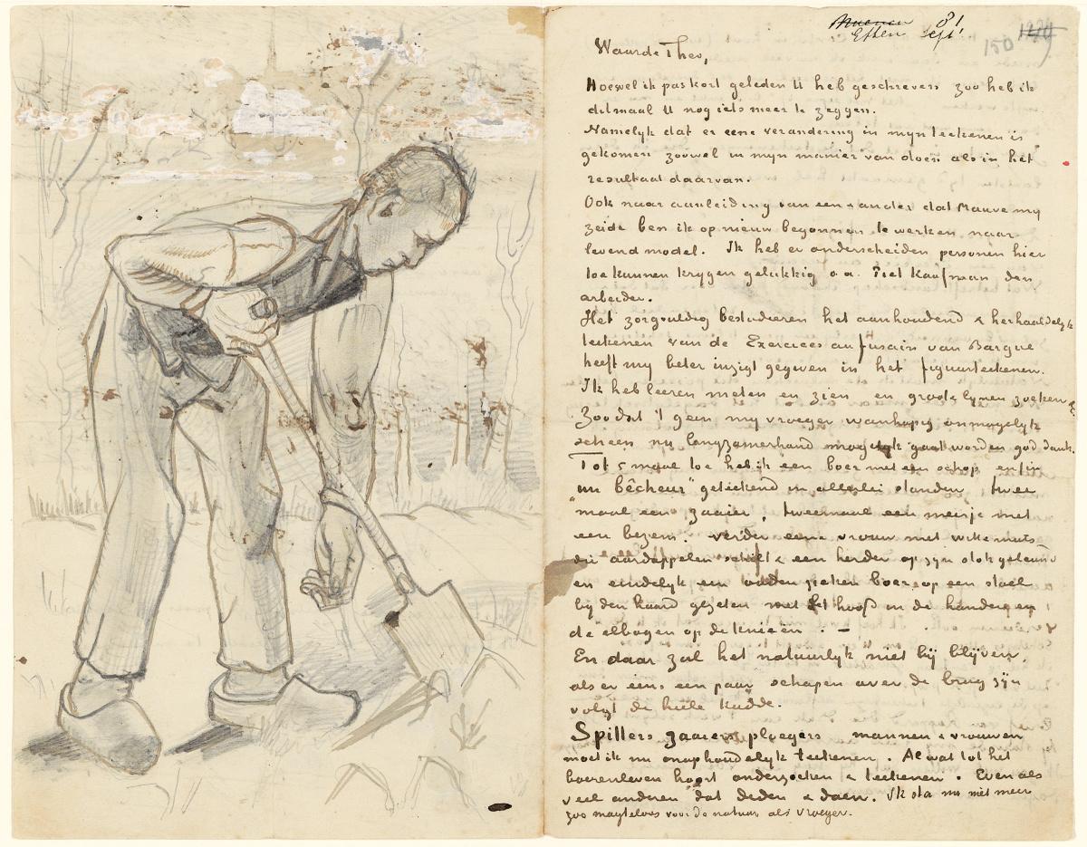 Vincent van Gogh, Blad 1 van brief van Vincent van Gogh aan Theo van Gogh met schetsen van Spitter (recto), Stormlucht boven een veld, Spitter en Vrouwenfiguur (verso), Etten, 8 - 22 september 1881, pen in inkt op papier, 20.7 x 26.3 cm