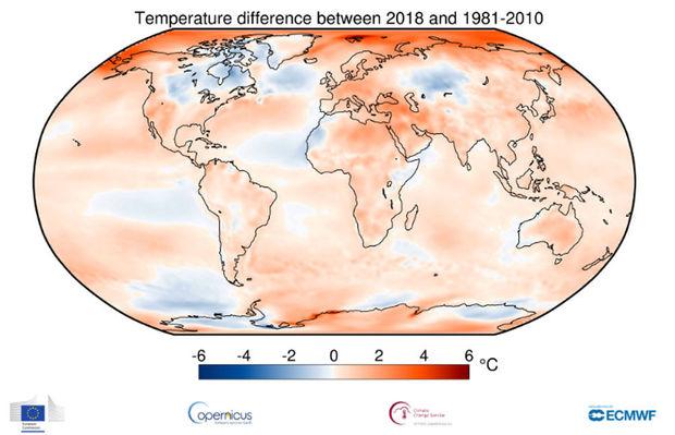 Différence de température entre 2018 et la période 1981-2010.