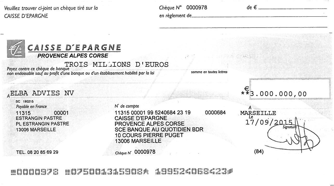 Le chèque de La Provence, payable uniquement en France, qu'Elba a renvoyé à l'expéditeur par DHL Express.