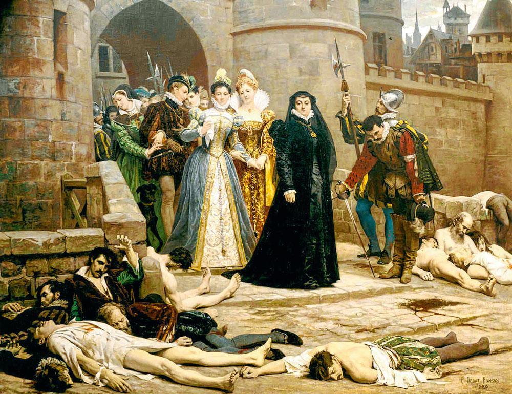 Catherine de Médicis contemple les résultats du massacre qu'elle a initié durant la nuit du 23 au 24 août 1572, les catholiques exécutant les huguenots dans Paris et dans toutes les villes de province.