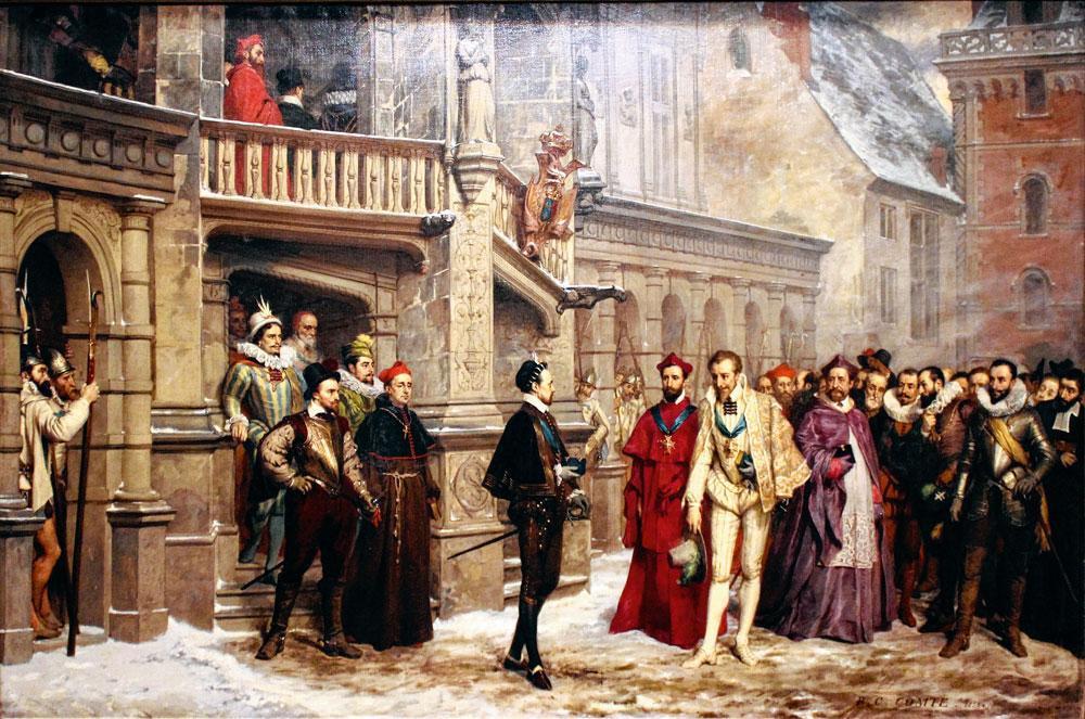 Peinture représentant la rencontre entre le roi de France, Henri III (au milieu) et le duc de Guise (à gauche) dans le cadre d'une assemblée des Etats généraux du royaume. Le duc y fut assassiné sur l'ordre du roi.