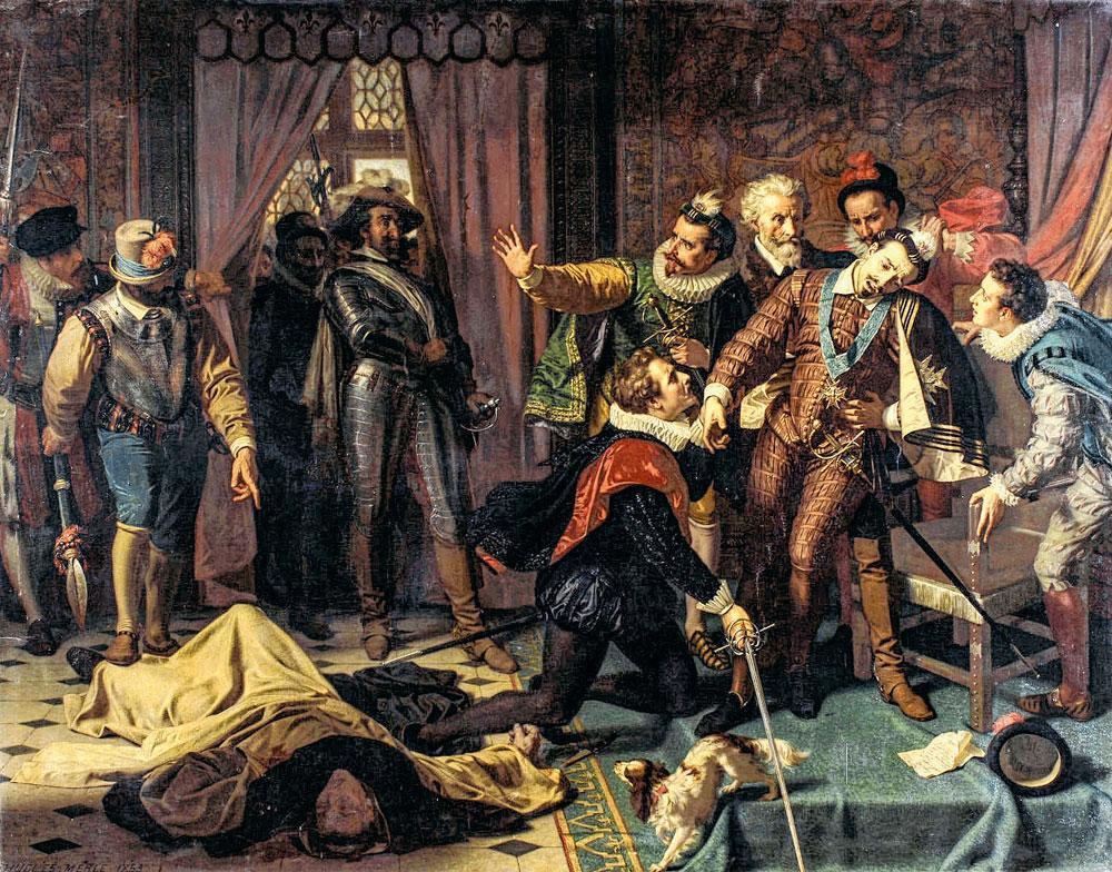Représentation de l'attentat contre le roi de France, Henri III. Sur le sol gît l'assassin, Jacques Clément, un moine dominicain. Le roi survécut à cette blessure par arme blanche mais trépassa quelques jours plus tard.