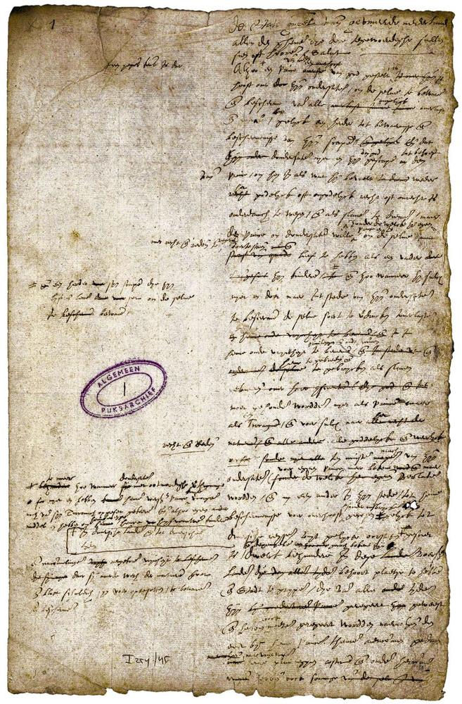 Première page de l'Acte de Déposition de La Haye (1581), le document par lequel les Pays-Bas clament qu'ils tournent définitivement le dos au roi Philippe II.