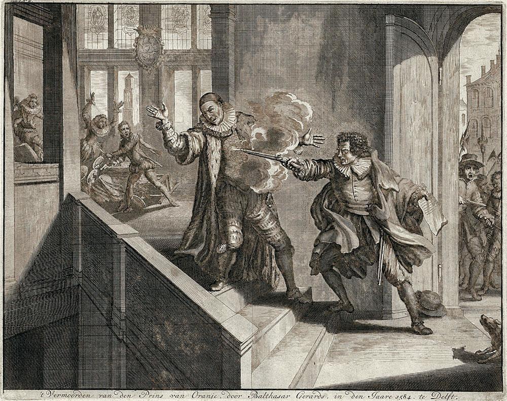 Après avoir échappé à un premier attentat, le prince protestant, Guillaume d'Orange finit par succomber sous les balles du catholique Balthasar Gérard à Delft en 1584. Dessin de Jan Luyken, 1679.