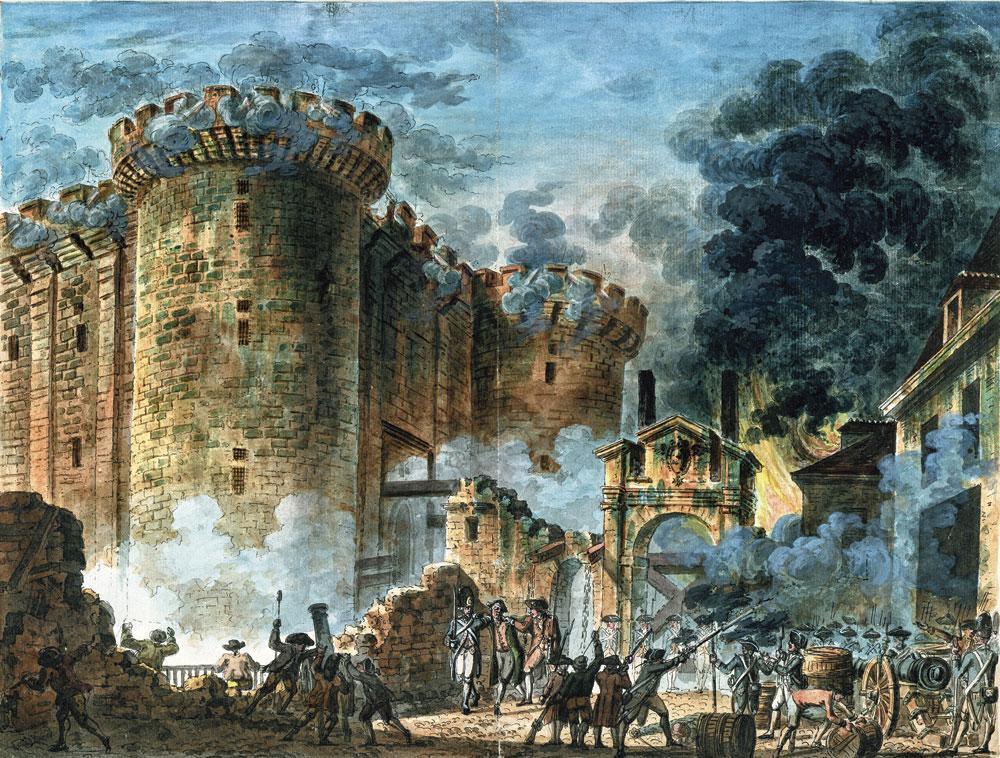 La prise de la Bastille, Jean-Pierre Houel, 1789. Le 14 juillet 1789, des Parisiens rebelles prennent la Bastille d'assaut, symbole du pouvoir féodal en France. La révolution est désormais une réalité.