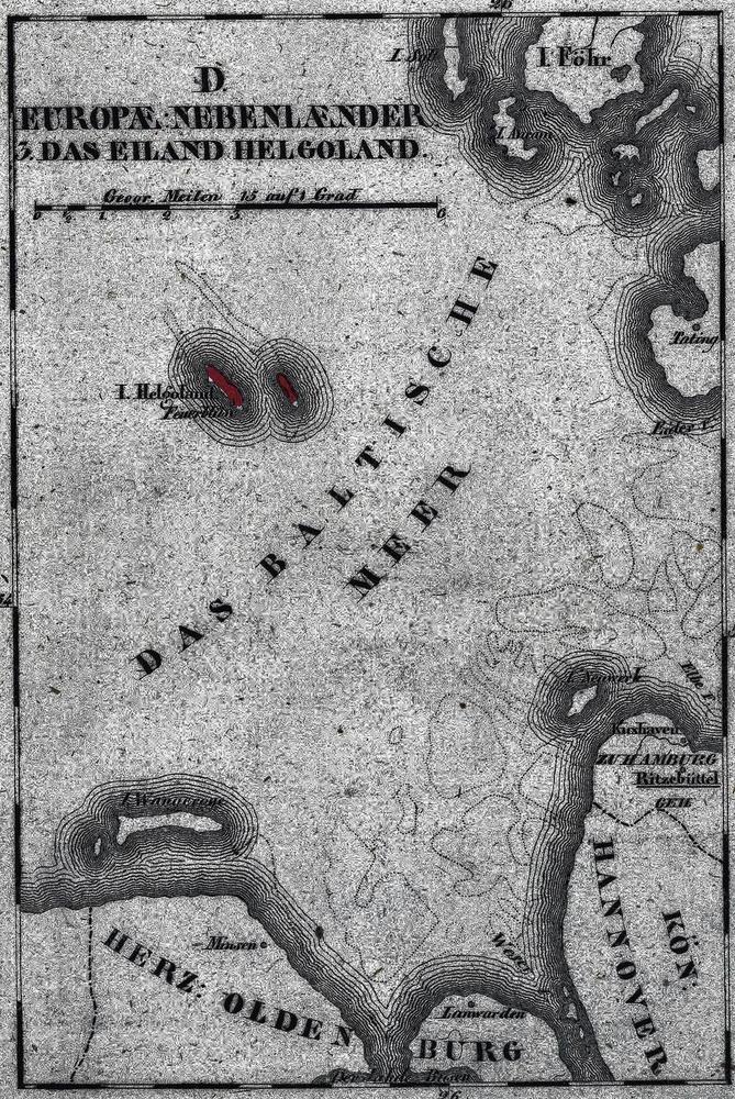 Carte de Helgoland, 1807. Sur cette île à l'ouest du Danemark, tout comme à Malte, les Britanniques construisirent d'énormes lieux de transbordement, où des tonnes de marchandises attendaient un transport clandestin vers le continent.