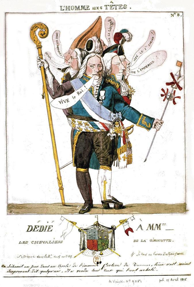 A droite, cette caricature anonyme accuse Talleyrand d'être un sujet peu fiable. Après des années de bonne entente, l'empereur le qualifie finalement de 