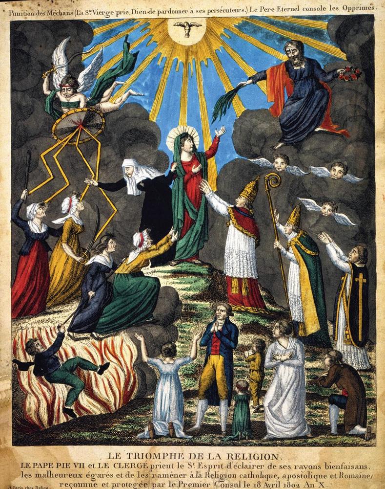 Le triomphe de la religion, 1802. Napoléon instrumentalise le cardinal Caprara, représenté aux côtés du pape dans cette caricature, pour s'offrir une caution religieuse face à la population belge profondément catholique.