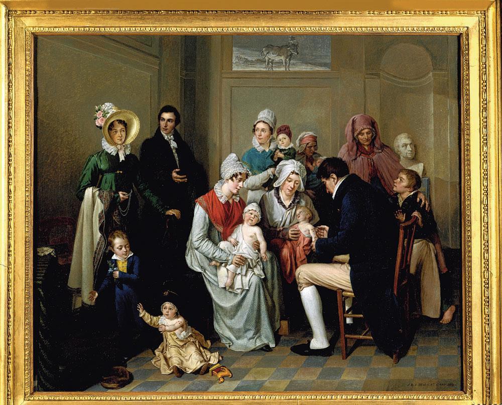 La vaccination des vaches, 1819, Jean Baptiste Louis Maes. Le préfet Faipoult institue un comité de vaccination en 1808, une des nombreuses améliorations sous la domination française. Dans ce cas-ci, un médecin anglais avait découvert que la poussière qui se répandait dans les étables protégeait effectivement contre la variole (cowpox).