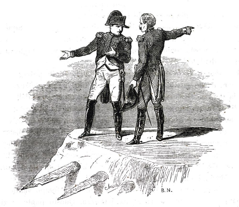 Napoléon discute avec un responsable local des travaux sur le port d'Anvers. Illustration du Mémorial de Sainte-Hélène par Emmanuel de Las Cases.