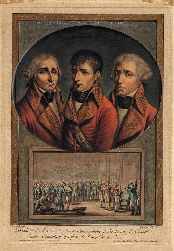Un mois à peine après la création du Consulat, le Premier consul Napoléon remplace ses deux collègues consuls par ses confidents Cambacérès et Charles-François Lebrun.