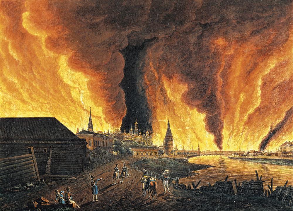 L'incendie de Moscou en septembre 1812, Johann Christian Oldendorp. Des unités d'élite russes boutent le feu à la ville et rejettent la faute sur les troupes françaises.