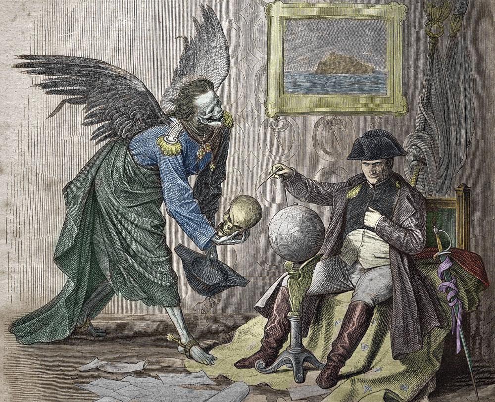 Allégorie de la mort visitant l'empereur français Napoléon Ier (1769-1821) et lui donnant un crâne au lieu de la mappemonde avec laquelle il joue, gravure du XIXe siècle.