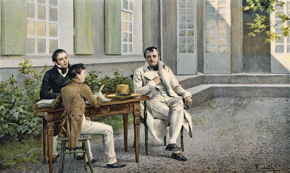 Las Cases et son fils écrivant l'histoire de Napoléon sous sa dictée, vers 1815 (1896). Emmanuel-Augustin-Dieudonné-Joseph, comte de Las Cases (1766-1842), était un industriel français et un auteur proche de Napoléon Bonaparte.