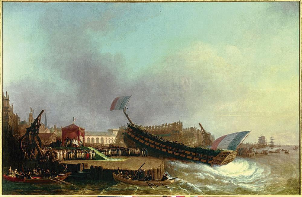 Napoléon et Marie-Louise lors du lancement du Friedland, le 2 mai 1810, Mathieu-Ignace van Brée, 1810. Ce bâtiment de guerre d'une capacité de quatre-vingts canon est finalement resté à quai, faute de matières premières pour le parachever.