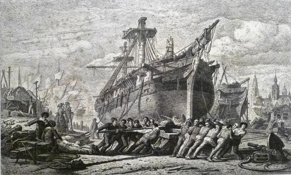 Les chantiers d'Anvers sous Napoléon 1er. Gravure de J.B. Michiels d'après H. Schaeffels (1804). On remarquera la mise au travail de forçats en provenance du bagne de la citadelle d'Anvers.