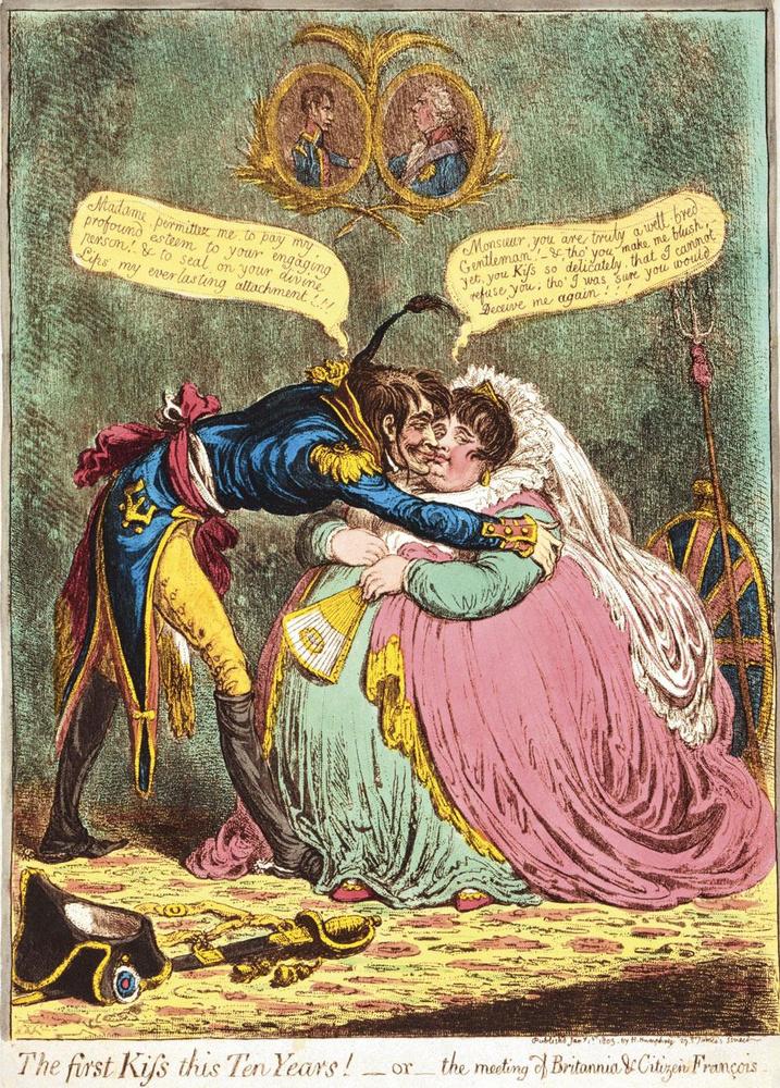 The First Kiss This Ten Years!, James Gillray, 1803. Grâce au traité d'Amiens, Napoléon a finalement réconcilié son pays avec l'ennemi britannique. Mais le répit sera de courte durée.