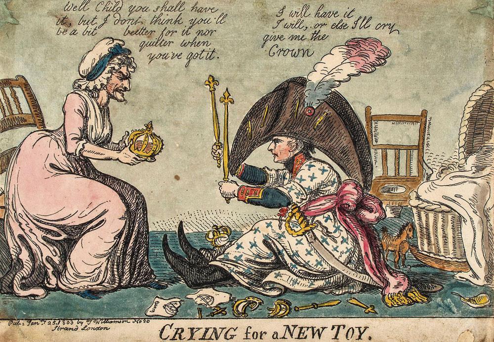 Crying for a New Toy, Isaac Cruikshank, 1803. L'imagerie véhiculée par les Britanniques à propos de l'empereur Napoléon conditionnera grandement la vision qu'en auront les générations futures.