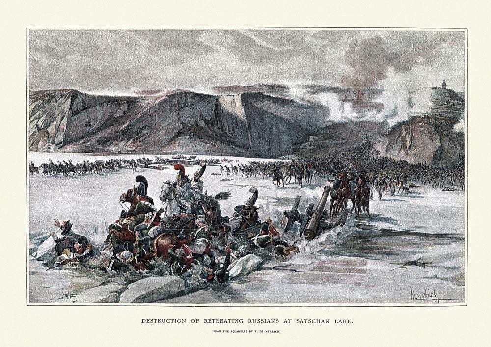 Gravue (1896) représentant les troupes russes et autrichiennes en déroute sur le rive du lac de Satschan.