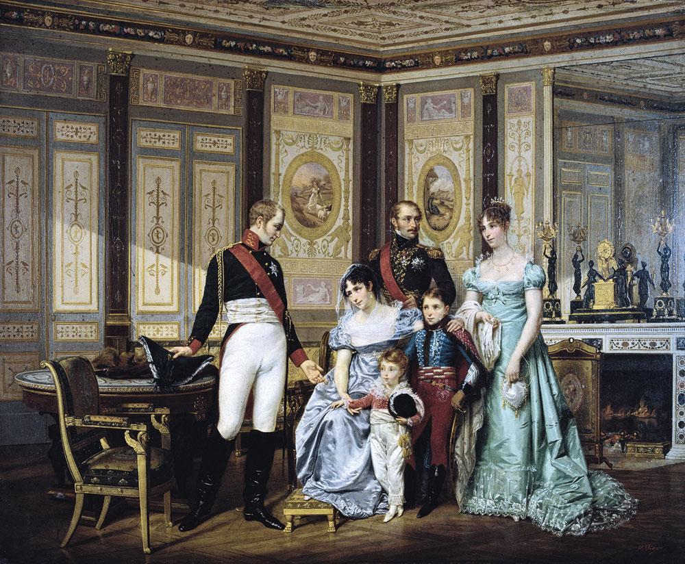 Joséphine présente sa famille au tsar Alexandre. Derrière elle, ses enfants adultes Eugène et Hortense de Beauharnais, à côté d'elle, les enfants d'Hortense.